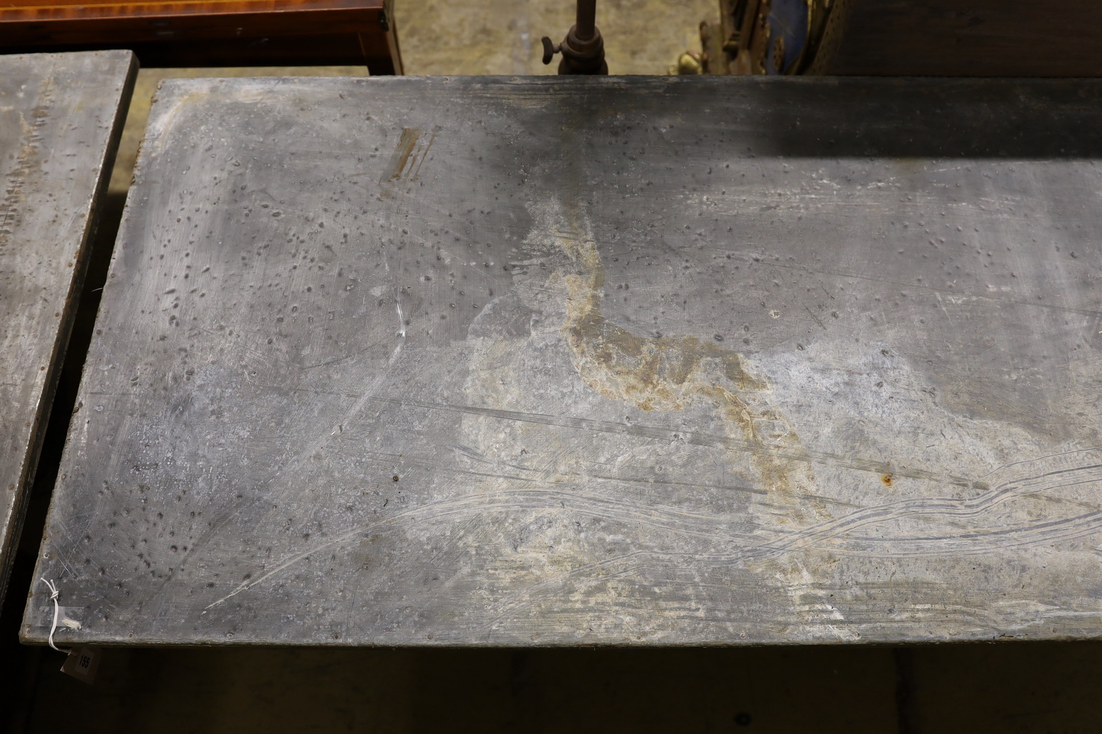 A Victorian style rectangular zinc topped cast metal garden table, length 210cm, depth 69cm, height 71cm